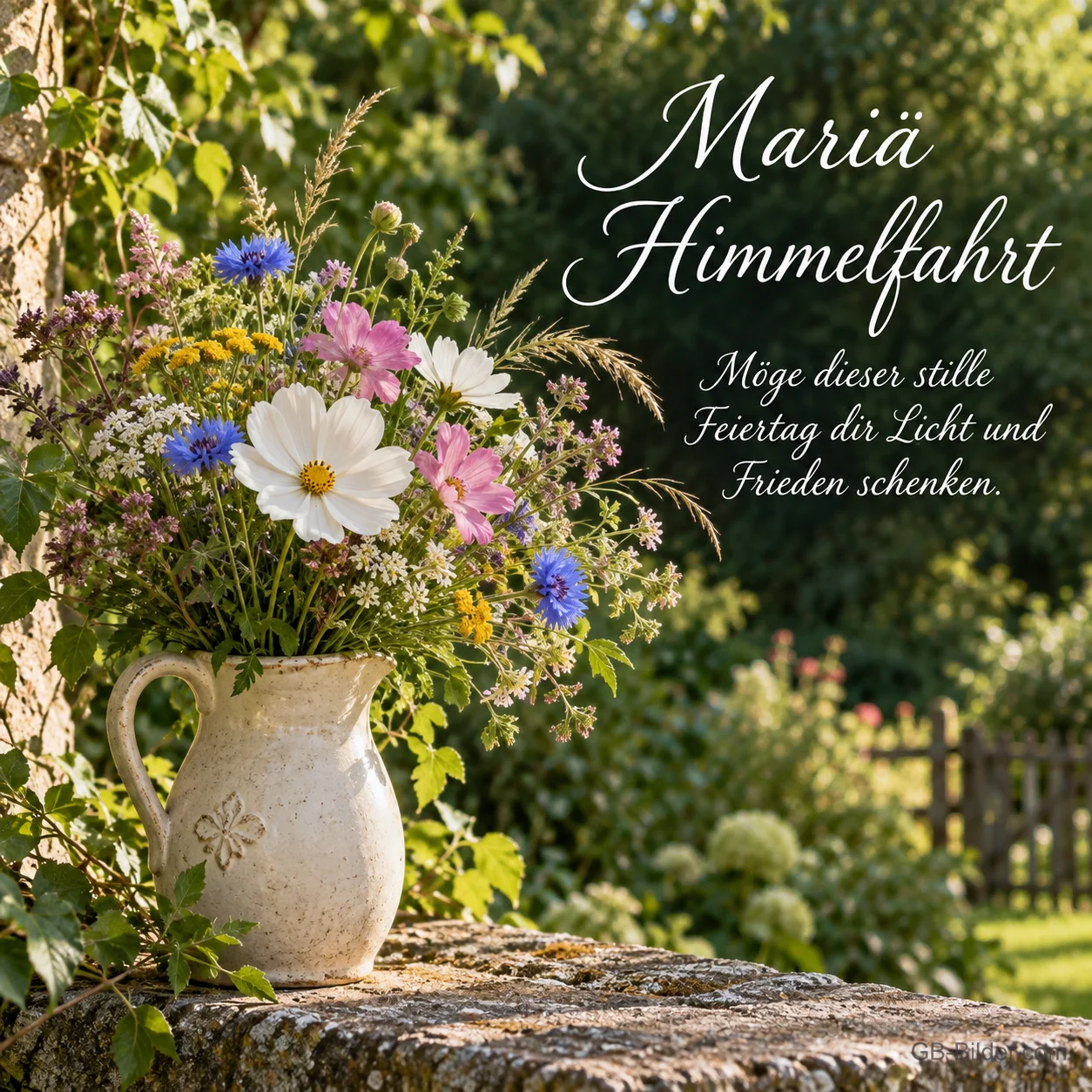 Wiesenblumenstrauß im Krug, Text: Mariä Himmelfahrt Wiesenblumenstrauß im Krug, Text: Mariä Himmelfahrt