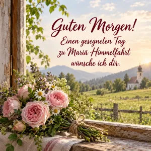 Rosenstrauß am Fenster mit Blick auf Kapelle, Text: Guten Morgen! Mariä Himmelfahrt