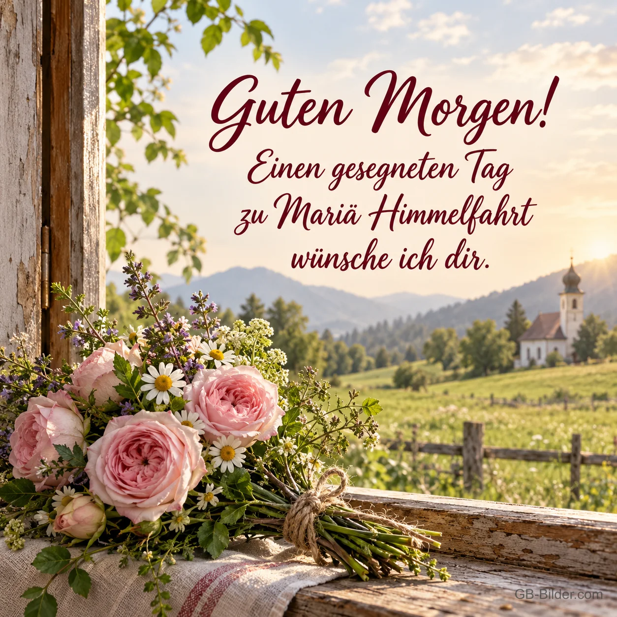 Rosenstrauß am Fenster mit Blick auf Kapelle, Text: Guten Morgen! Mariä Himmelfahrt Rosenstrauß am Fenster mit Blick auf Kapelle, Text: Guten Morgen! Mariä Himmelfahrt