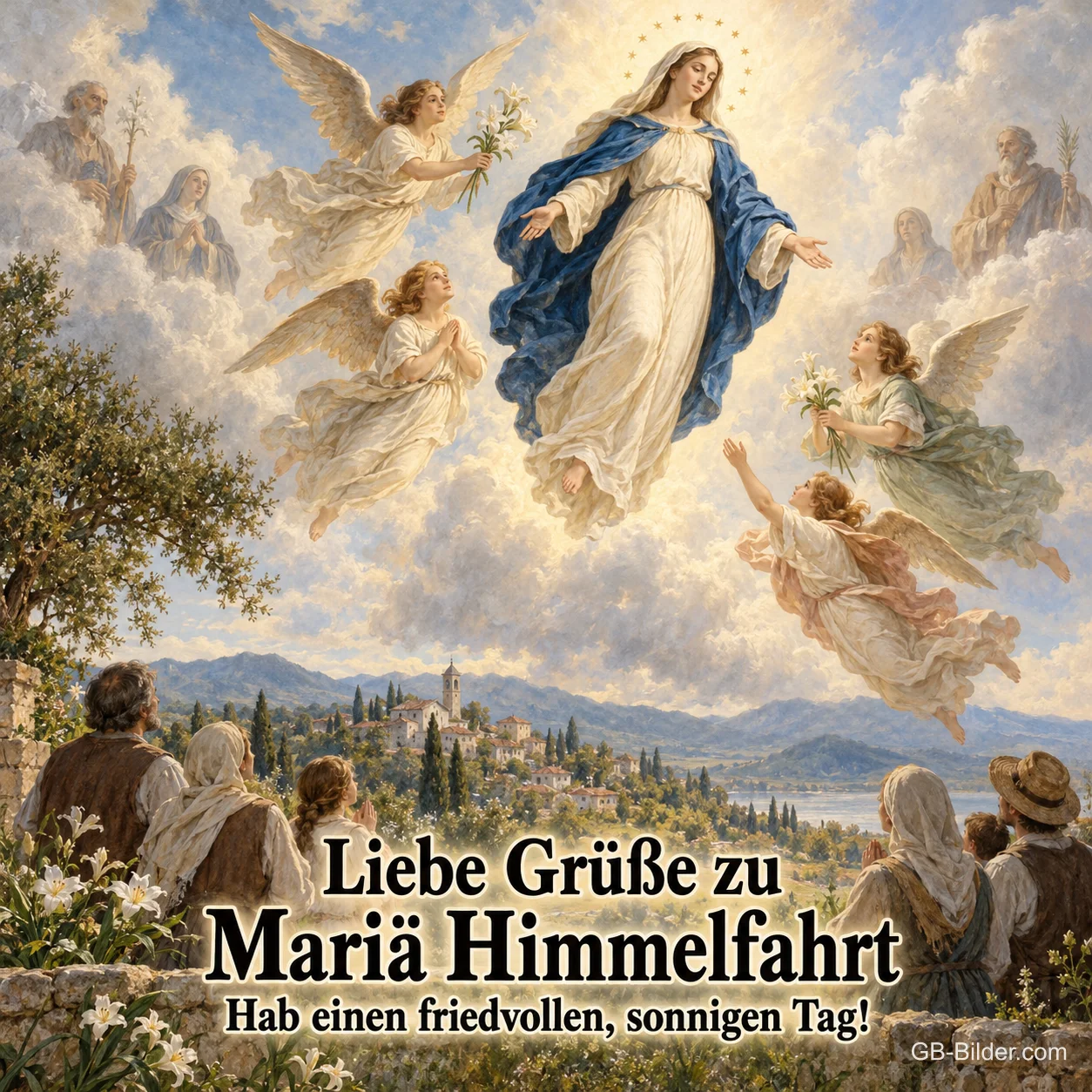 Maria mit Engeln am Himmel, Text: Liebe Grüße zu Mariä Himmelfahrt Maria mit Engeln am Himmel, Text: Liebe Grüße zu Mariä Himmelfahrt