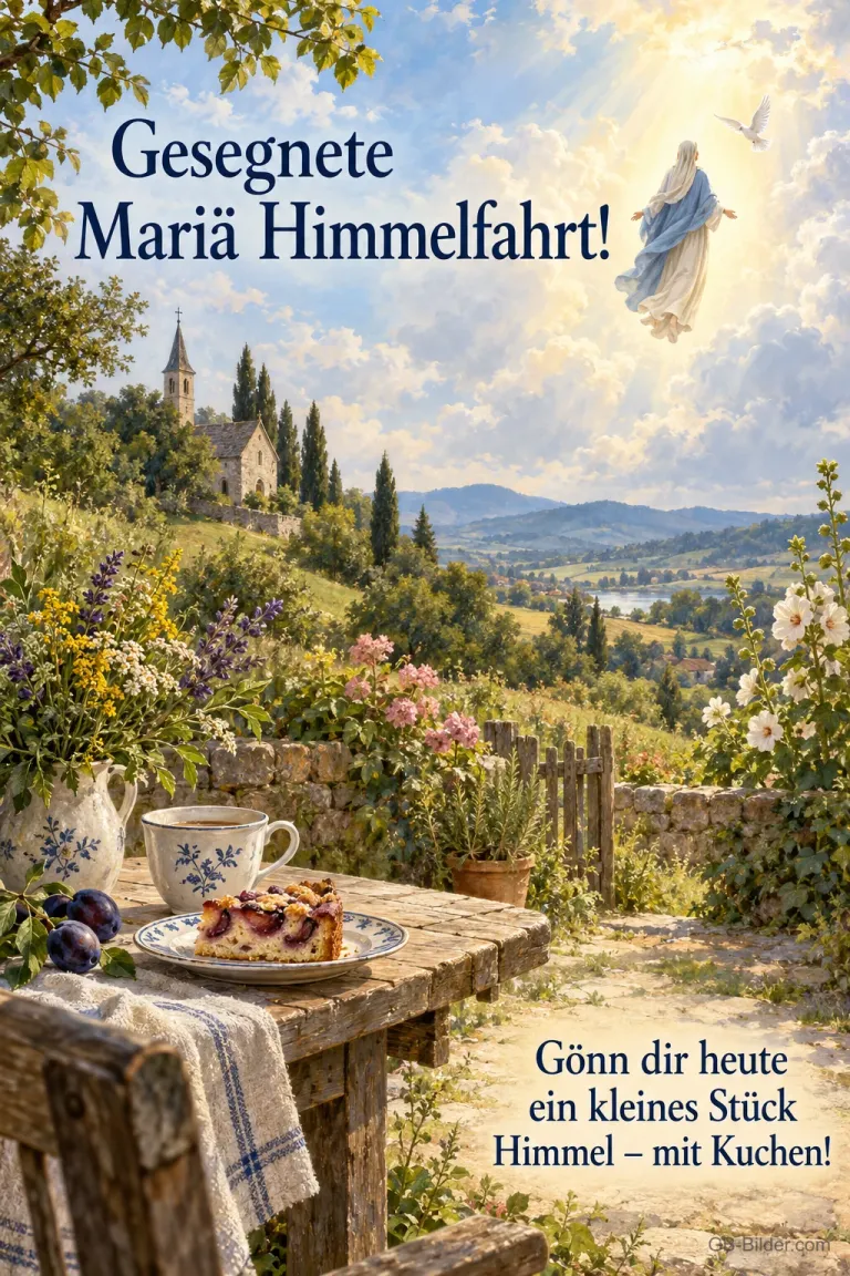 Pflaumenkuchen im Garten, Text: Gesegnete Mariä Himmelfahrt!