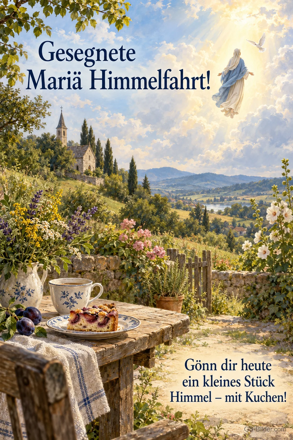 Pflaumenkuchen im Garten, Text: Gesegnete Mariä Himmelfahrt! Pflaumenkuchen im Garten, Text: Gesegnete Mariä Himmelfahrt!