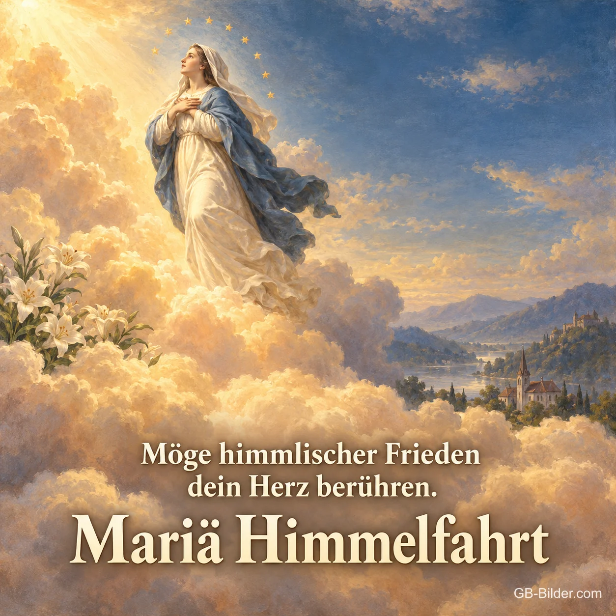 Maria über den Wolken, Text: Möge himmlischer Frieden dein Herz berühren. Maria über den Wolken, Text: Möge himmlischer Frieden dein Herz berühren.