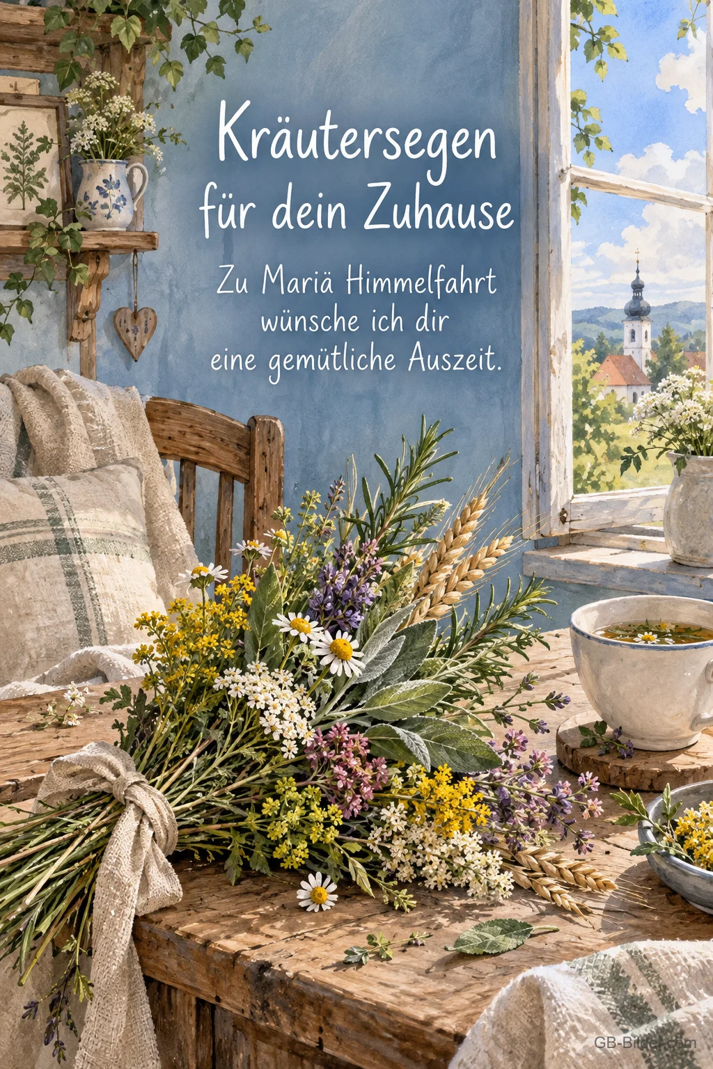 Kräuterstrauß am Fenster mit Kirche, Text: Kräutersegen für dein Zuhause, Mariä Himmelfahrt Kräuterstrauß am Fenster mit Kirche, Text: Kräutersegen für dein Zuhause, Mariä Himmelfahrt