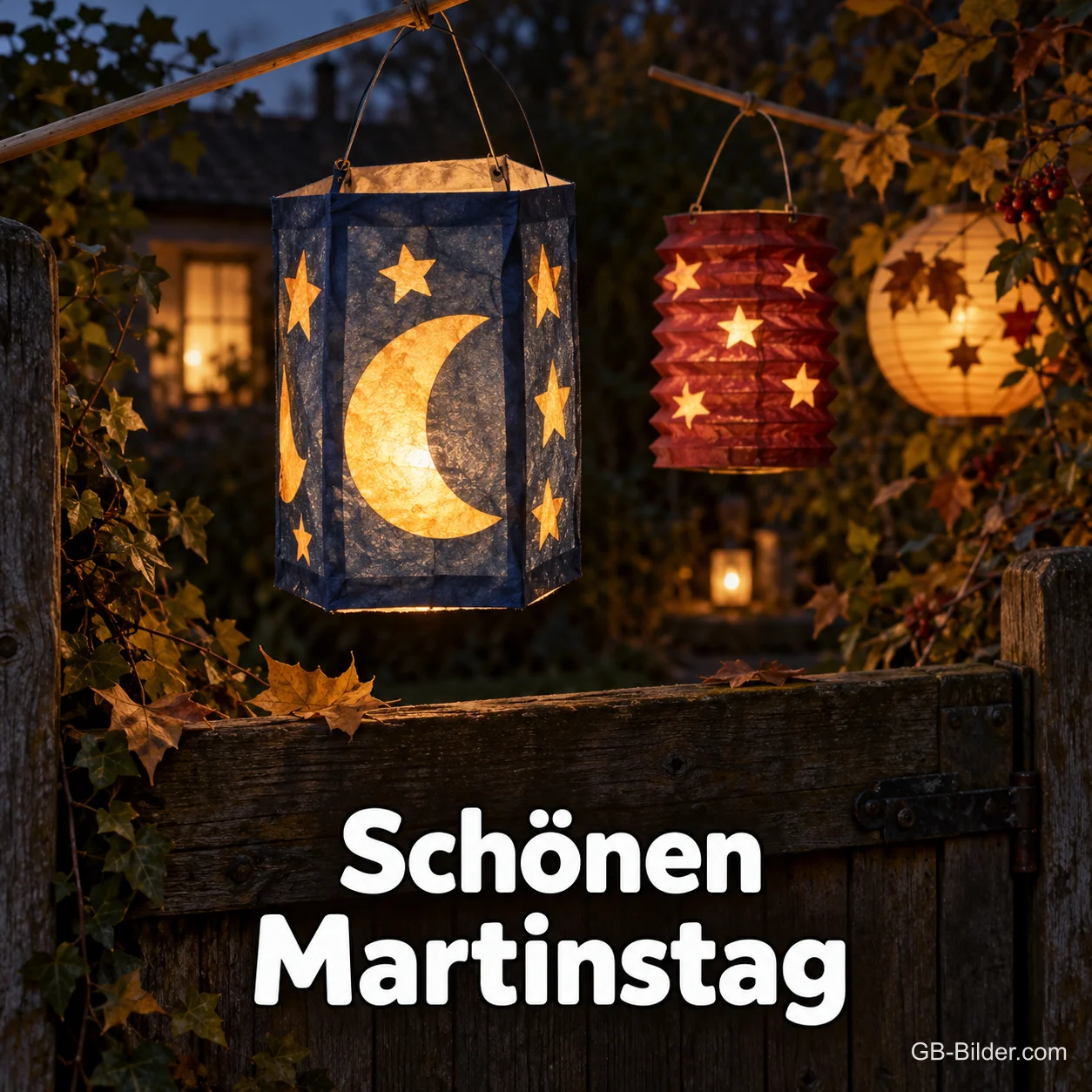 Leuchtende Martinslaternen mit Mond und Sternen am Abend über einem Gartentor, Text: Schönen Martinstag