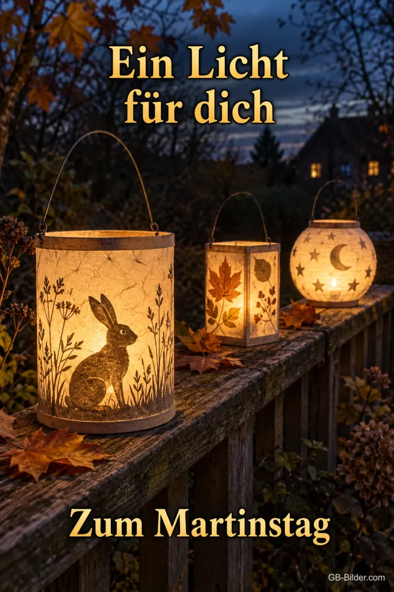 Leuchtende Bastellaternen mit Hase und Sternen auf einem Geländer, Text: Ein Licht für dich – Zum Martinstag