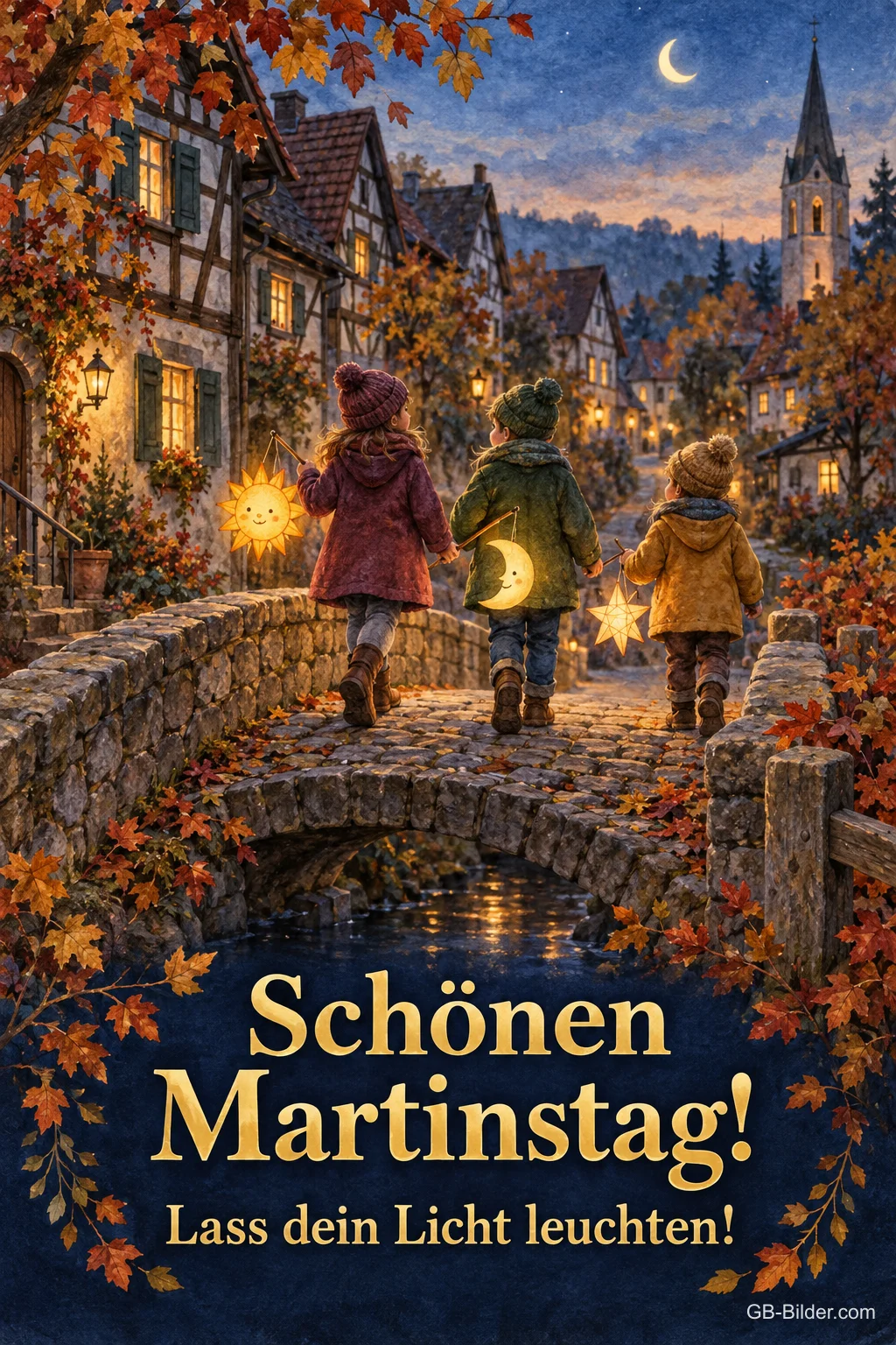 Kinder mit Laternen auf einer Steinbrücke in der Altstadt am Abend, Text: Schönen Martinstag! Lass dein Licht leuchten!