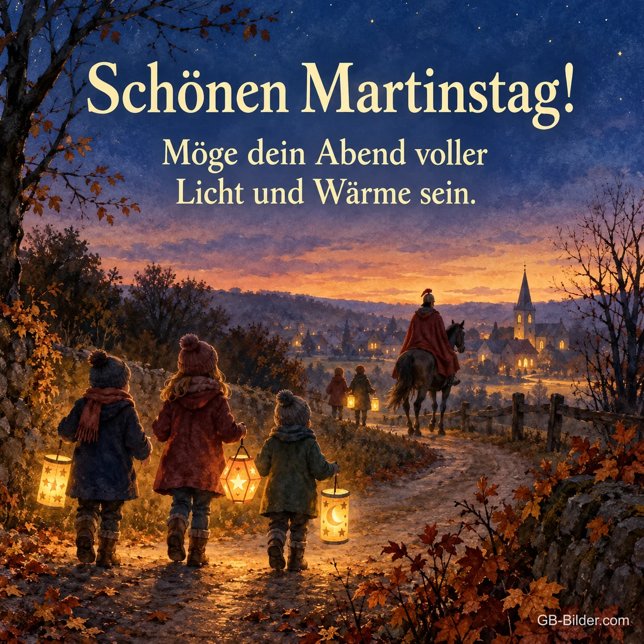 Kinder mit Laternen folgen Sankt Martin zu Pferd in der Abenddämmerung, Text: Schönen Martinstag! Möge dein Abend voller Licht und Wärme sein.