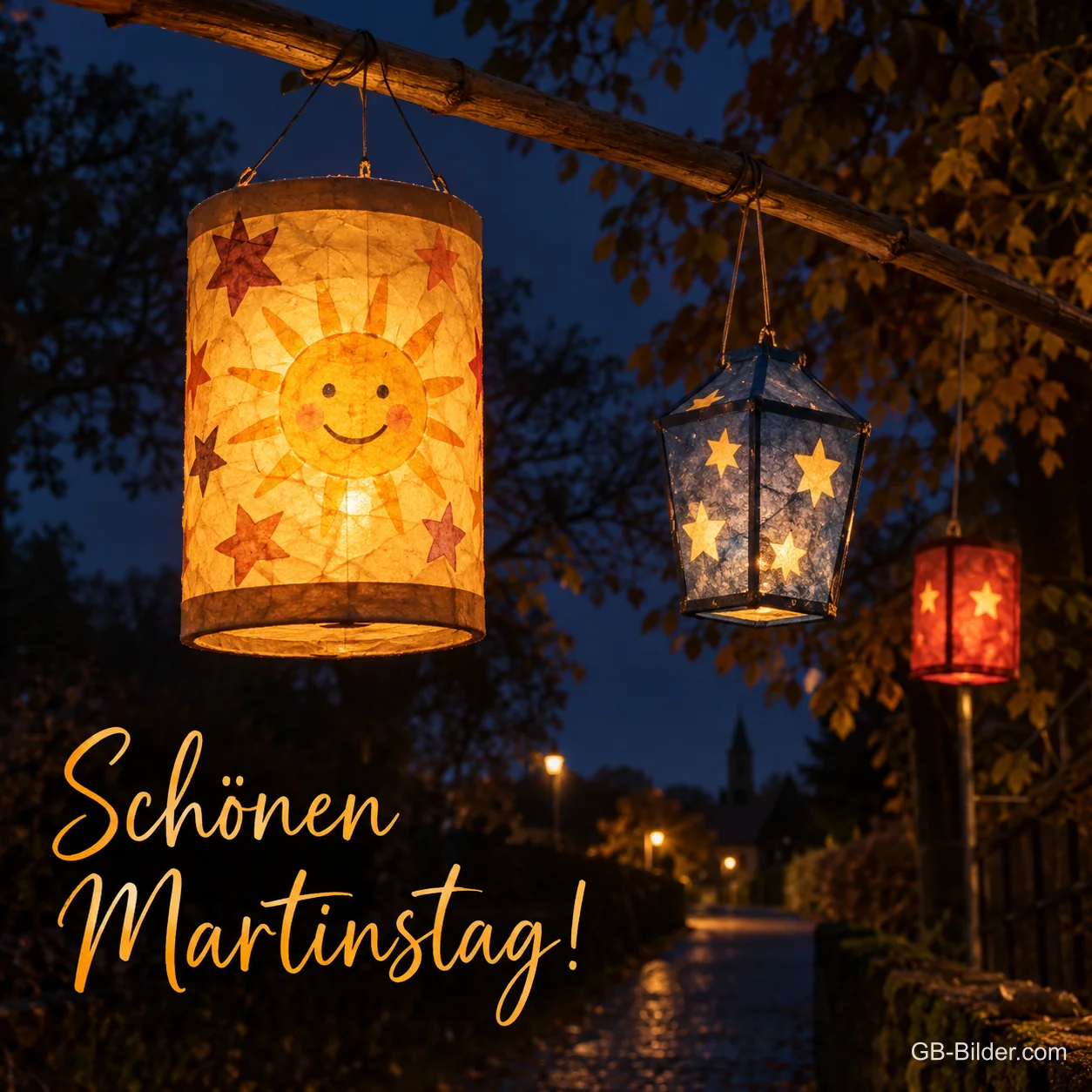 Leuchtende Papierlaternen mit Sonne und Sternen an einem Ast am Abend, Text: Schönen Martinstag!