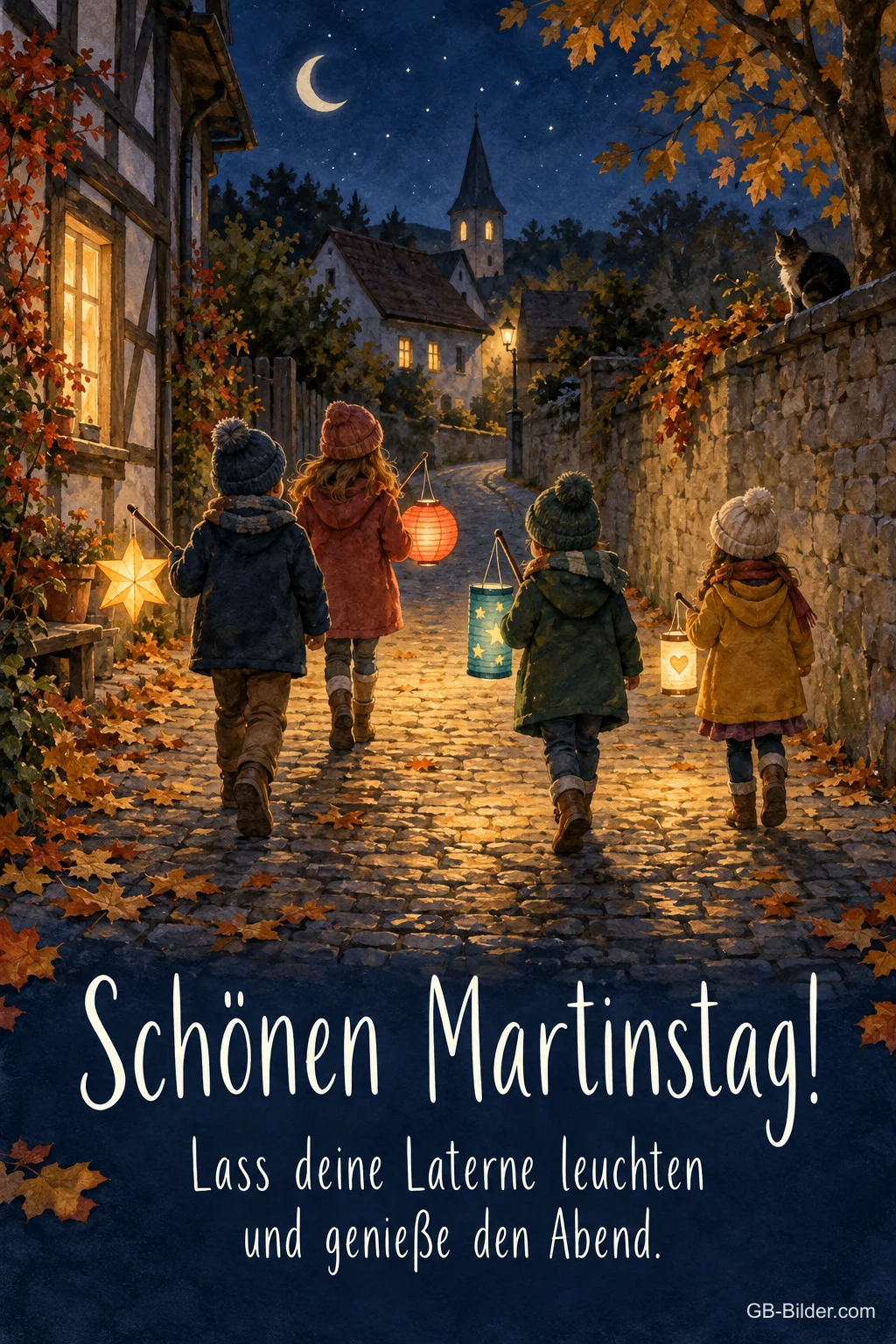 Kinder mit Laternen in einer abendlichen Altstadtgasse, Text: Schönen Martinstag! Lass deine Laterne leuchten und genieße den Abend.