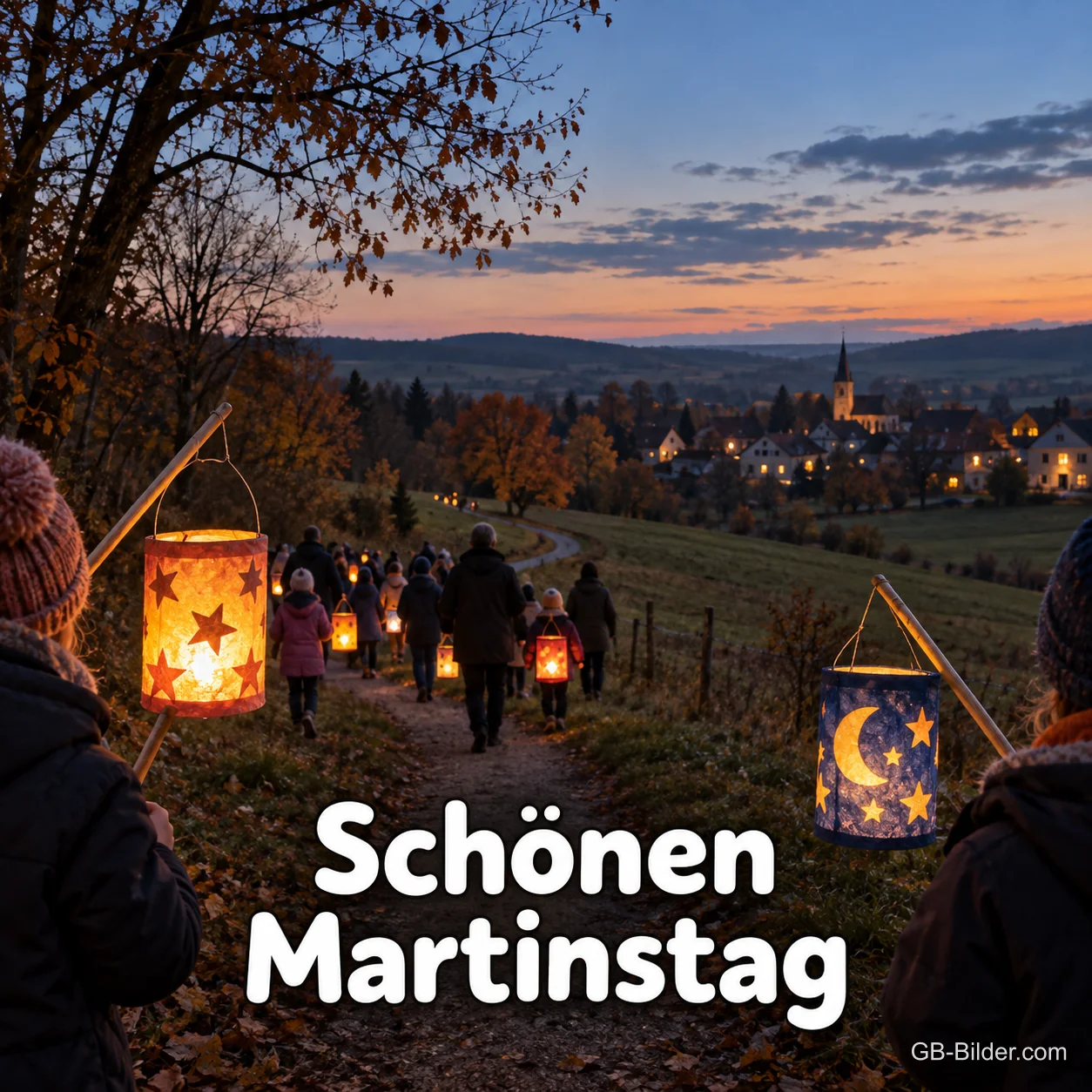 Laternenumzug auf einem Feldweg in der Abenddämmerung, Text: Schönen Martinstag