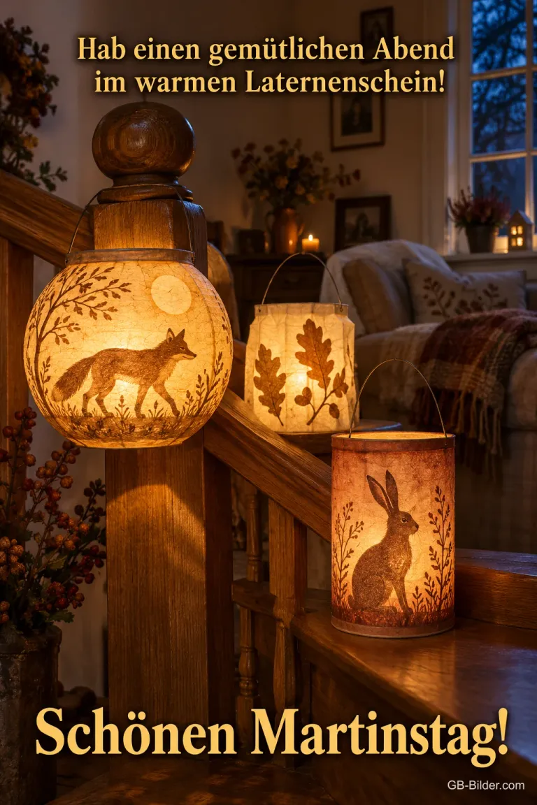 Leuchtende Laternen mit Fuchs und Hase auf einer Holztreppe, Text: Hab einen gemütlichen Abend im warmen Laternenschein! Schönen Martinstag!