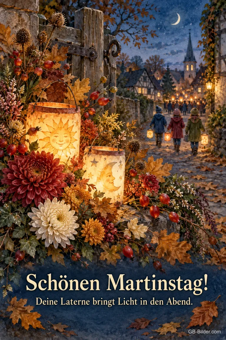 Laternen zwischen Herbstblumen an einer Gartenpforte, Text: Schönen Martinstag! Deine Laterne bringt Licht in den Abend.