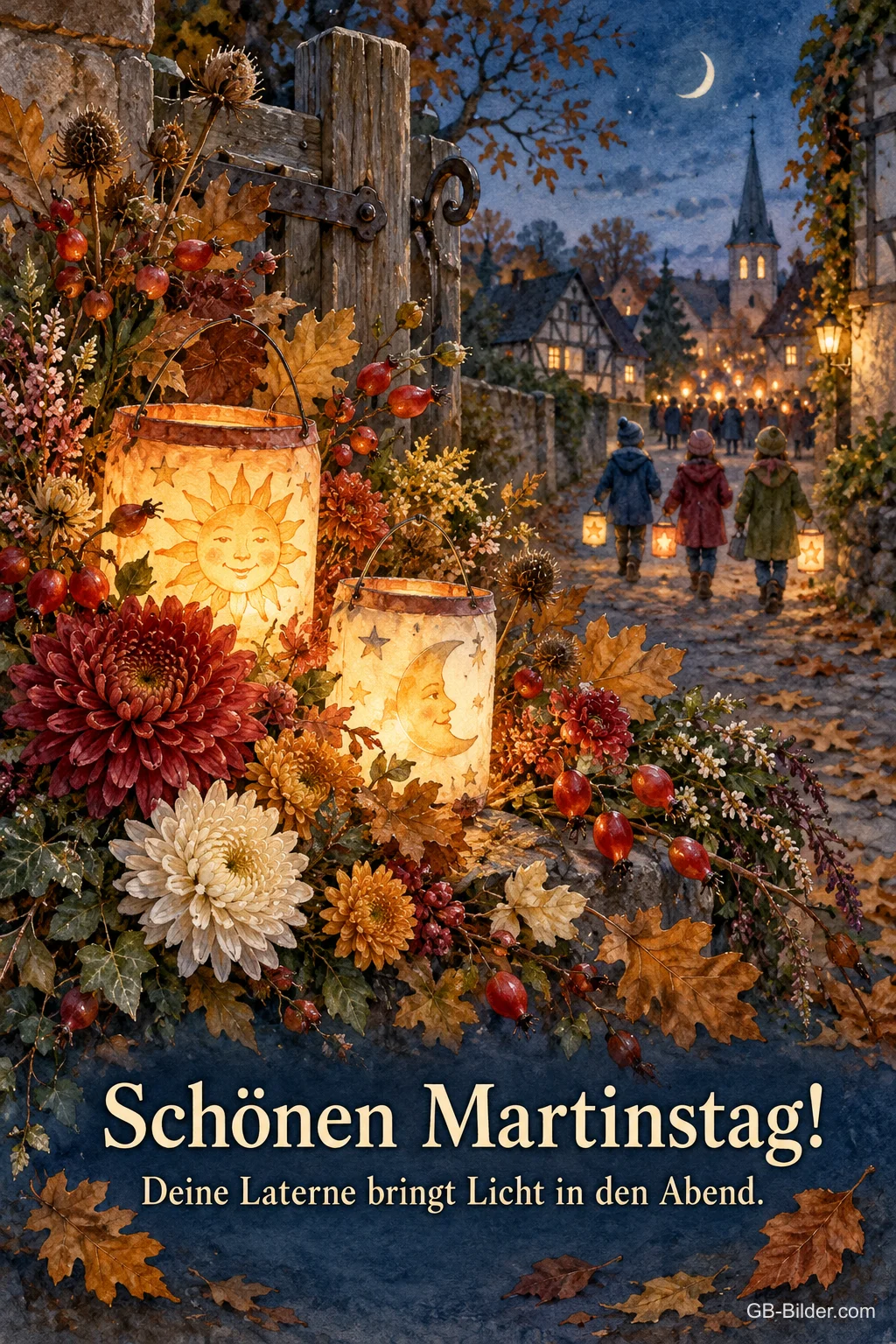 Laternen zwischen Herbstblumen an einer Gartenpforte, Text: Schönen Martinstag! Deine Laterne bringt Licht in den Abend.