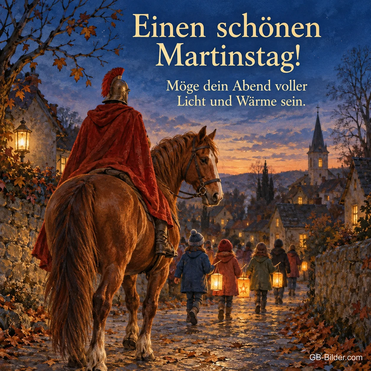 Sankt Martin zu Pferd mit rotem Mantel und Kindern mit Laternen, Text: Einen schönen Martinstag! Möge dein Abend voller Licht und Wärme sein.