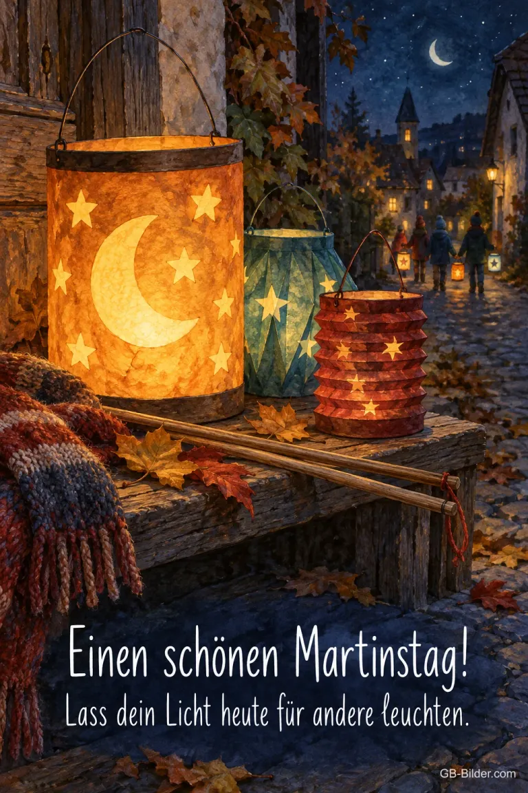 Laternen mit Mond und Sternen auf einer Holzbank am Abend, Text: Einen schönen Martinstag! Lass dein Licht heute für andere leuchten.