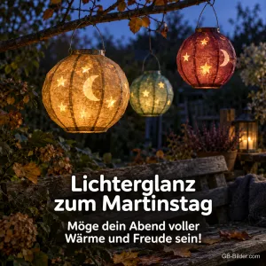 Papierlaternen mit Mond und Sternen im Garten, Text: Lichterglanz zum Martinstag