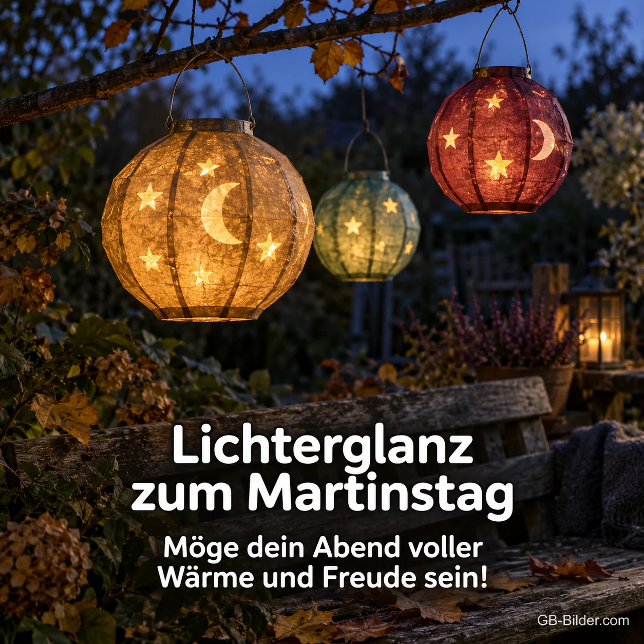 Papierlaternen mit Mond und Sternen im Garten, Text: Lichterglanz zum Martinstag