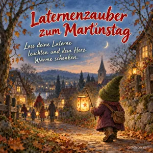 Wichtel mit Laterne auf dem Weg zum Laternenumzug, Text: Laternenzauber zum Martinstag