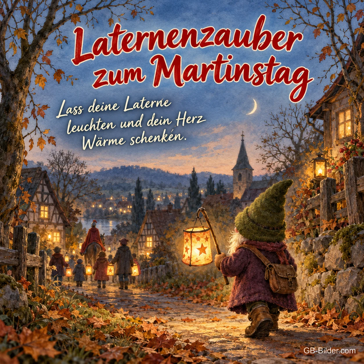 Wichtel mit Laterne auf dem Weg zum Laternenumzug, Text: Laternenzauber zum Martinstag