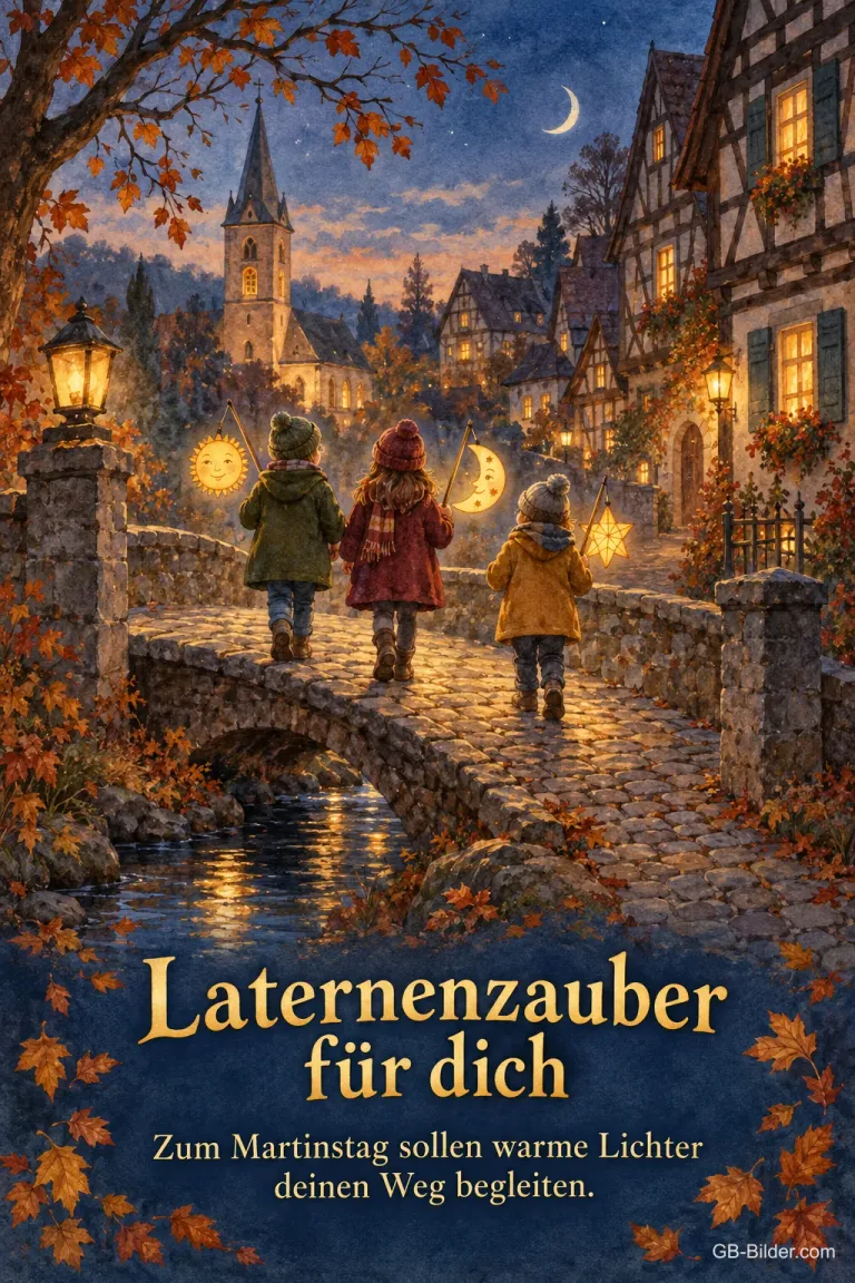 Kinder mit Laternen auf einer Steinbrücke in der Altstadt, Text: Laternenzauber für dich