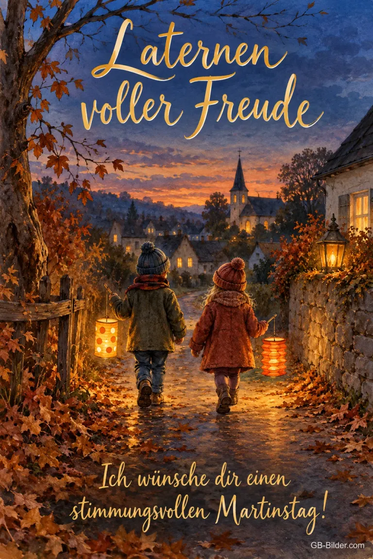 Zwei Kinder mit Laternen in einer herbstlichen Gasse, Text: Laternen voller Freude
