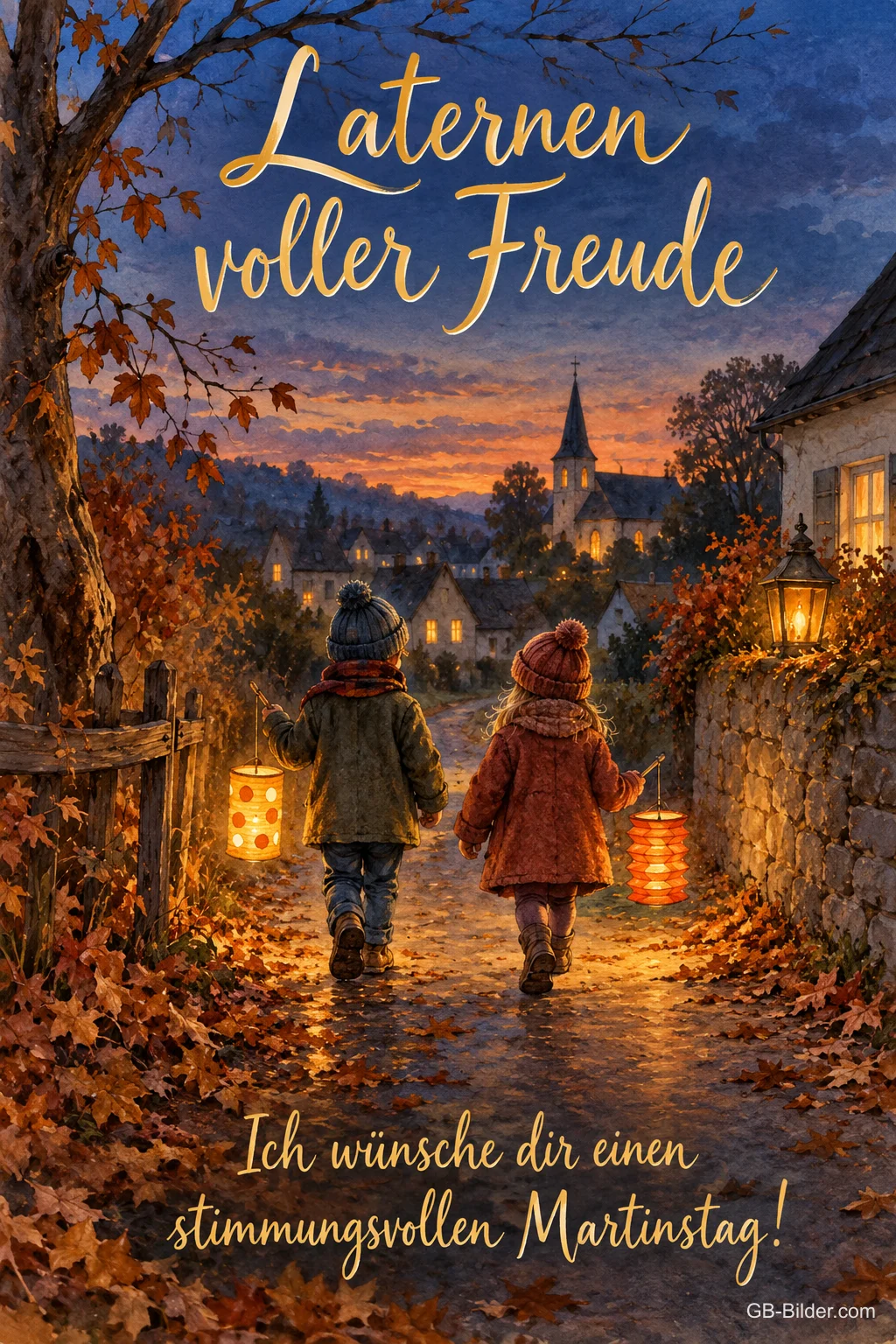 Zwei Kinder mit Laternen in einer herbstlichen Gasse, Text: Laternen voller Freude