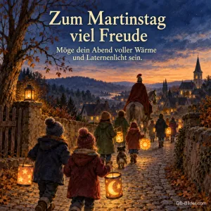 Kinder mit Laternen folgen Sankt Martin zu Pferd, Text: Zum Martinstag viel Freude