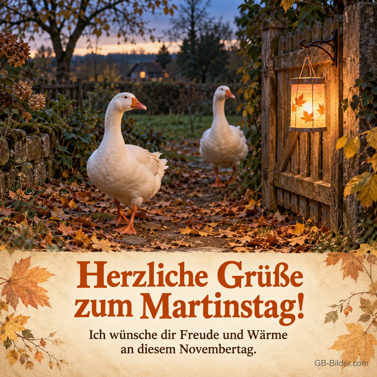 Zwei Gänse am Gartentor mit Laterne, Text: Herzliche Grüße zum Martinstag!