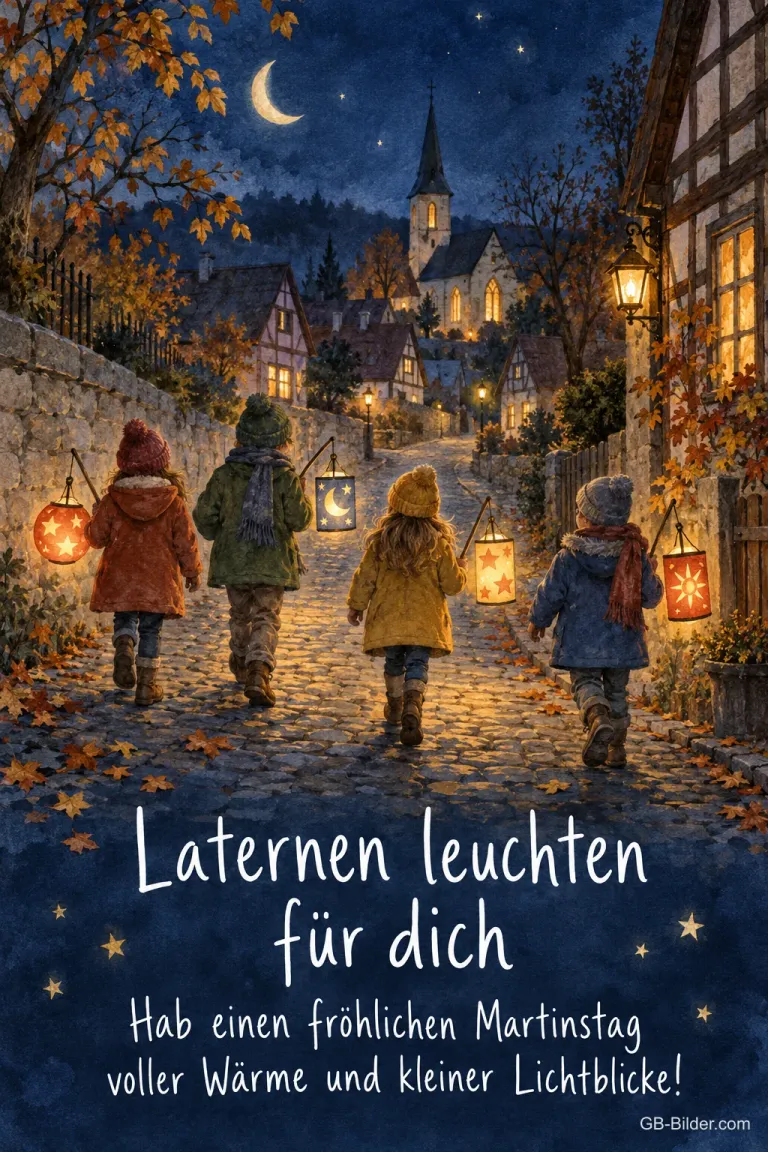 Kinder mit Laternen in einer Fachwerkgasse, Text: Laternen leuchten für dich