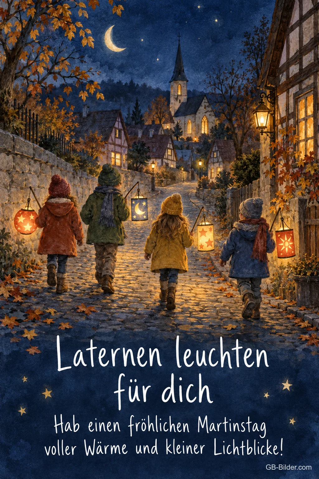 Kinder mit Laternen in einer Fachwerkgasse, Text: Laternen leuchten für dich
