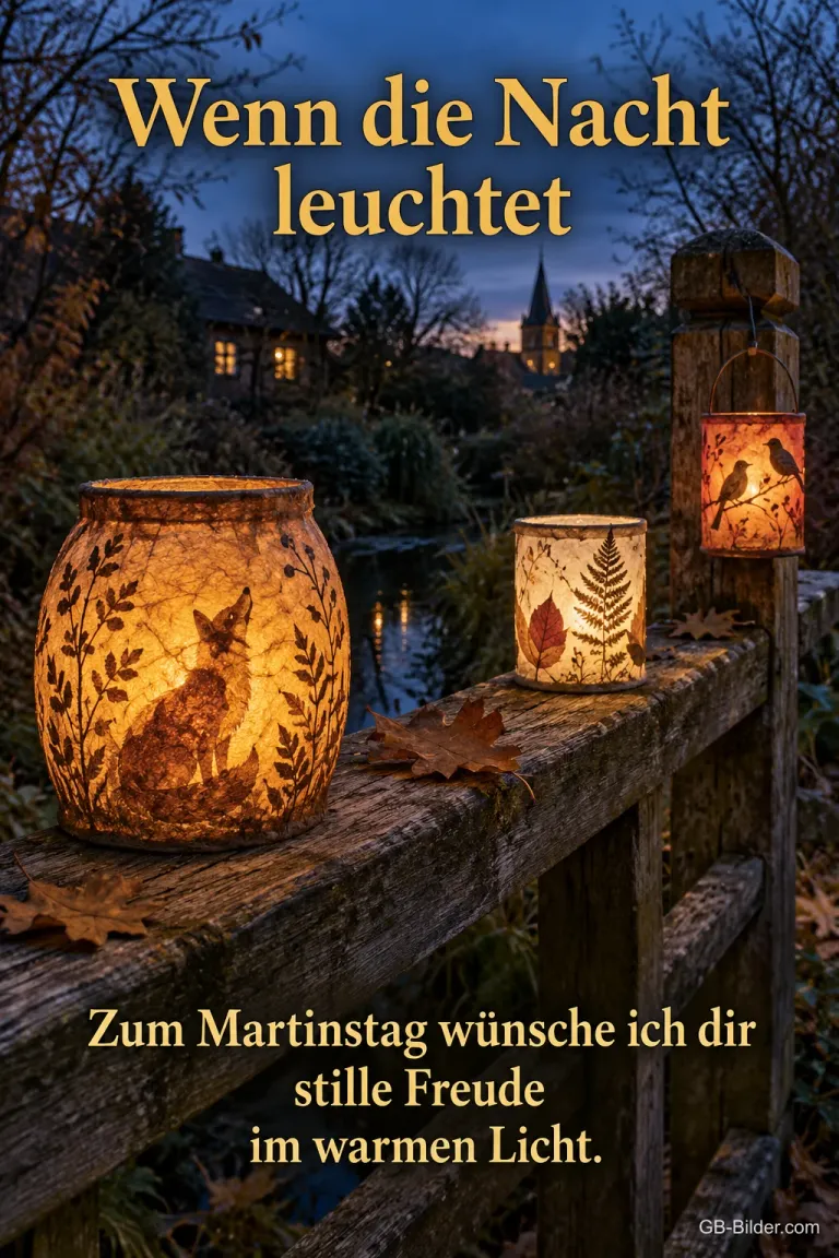 Laternen mit Fuchsmotiv auf einem Geländer am Abend, Text: Wenn die Nacht leuchtet