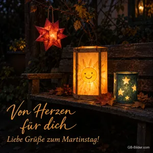 Sonnenlaterne und Sternlaterne auf einer Gartenbank, Text: Von Herzen für dich – Liebe Grüße zum Martinstag!