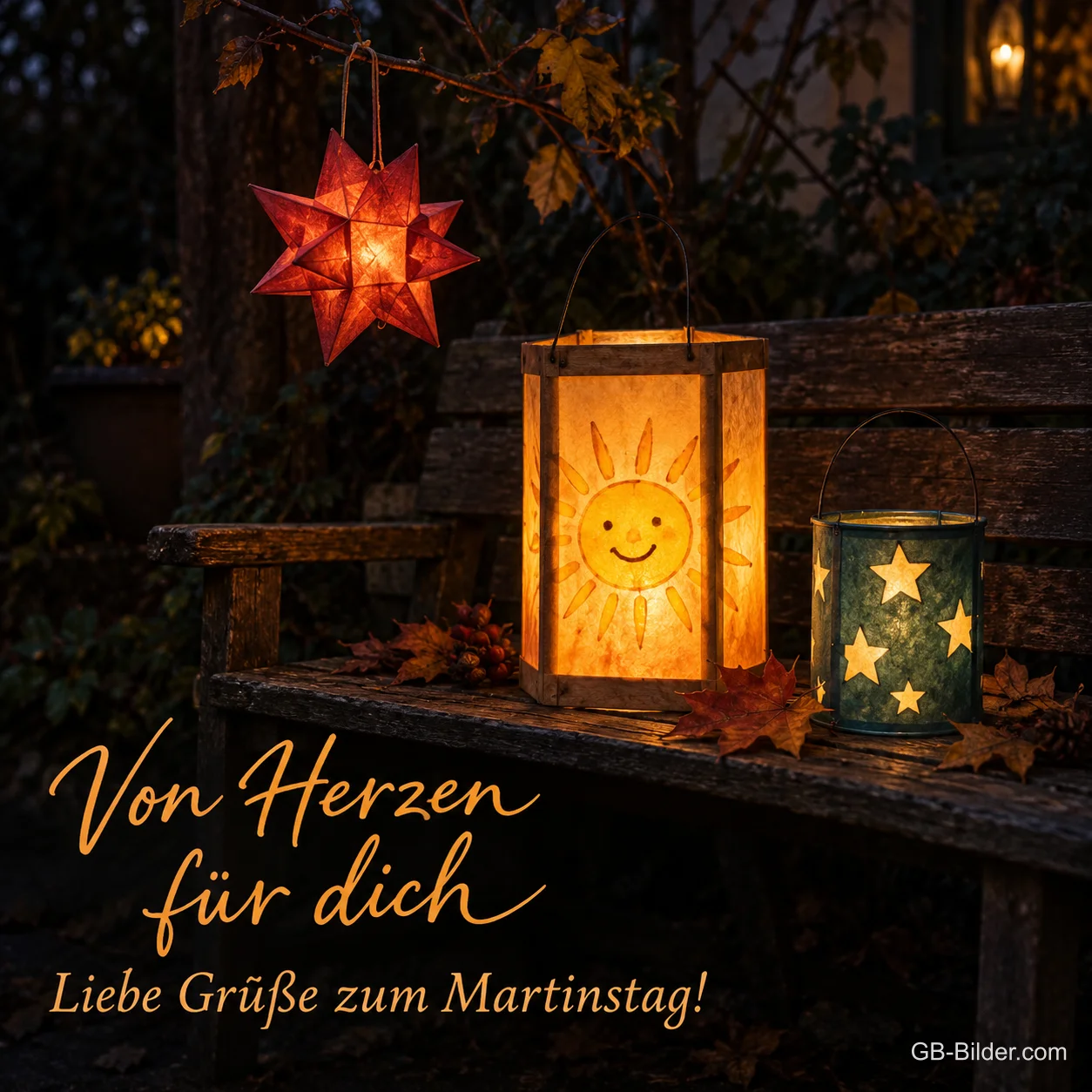 Sonnenlaterne und Sternlaterne auf einer Gartenbank, Text: Von Herzen für dich – Liebe Grüße zum Martinstag!