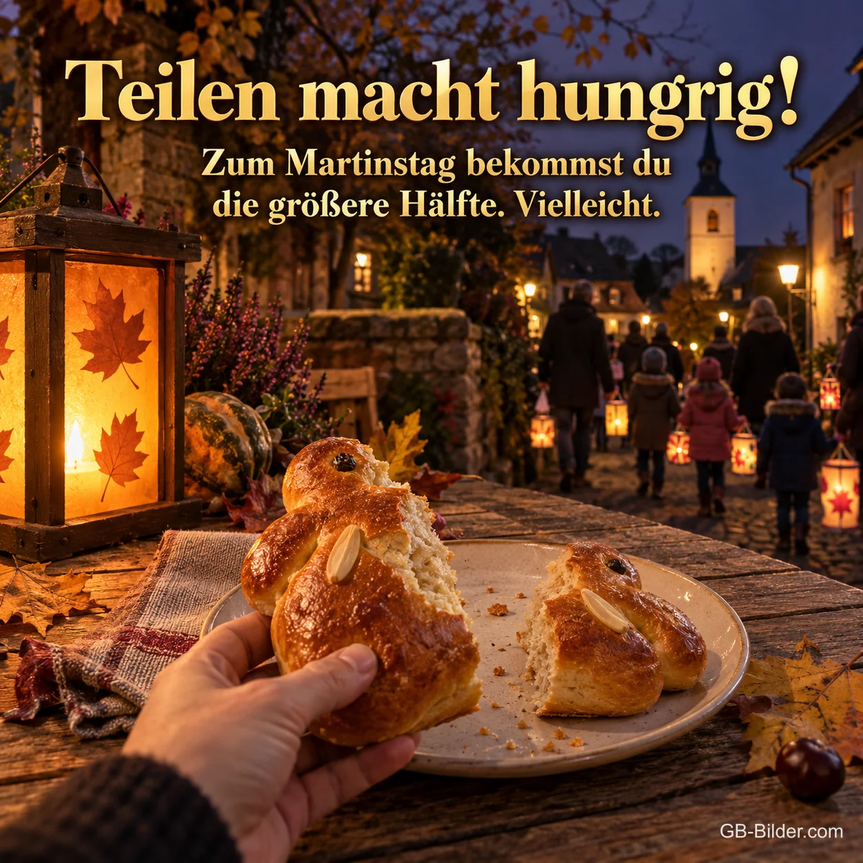Hand teilt einen Weckmann vor einem Laternenumzug, Text: Teilen macht hungrig! Zum Martinstag bekommst du die größere Hälfte.