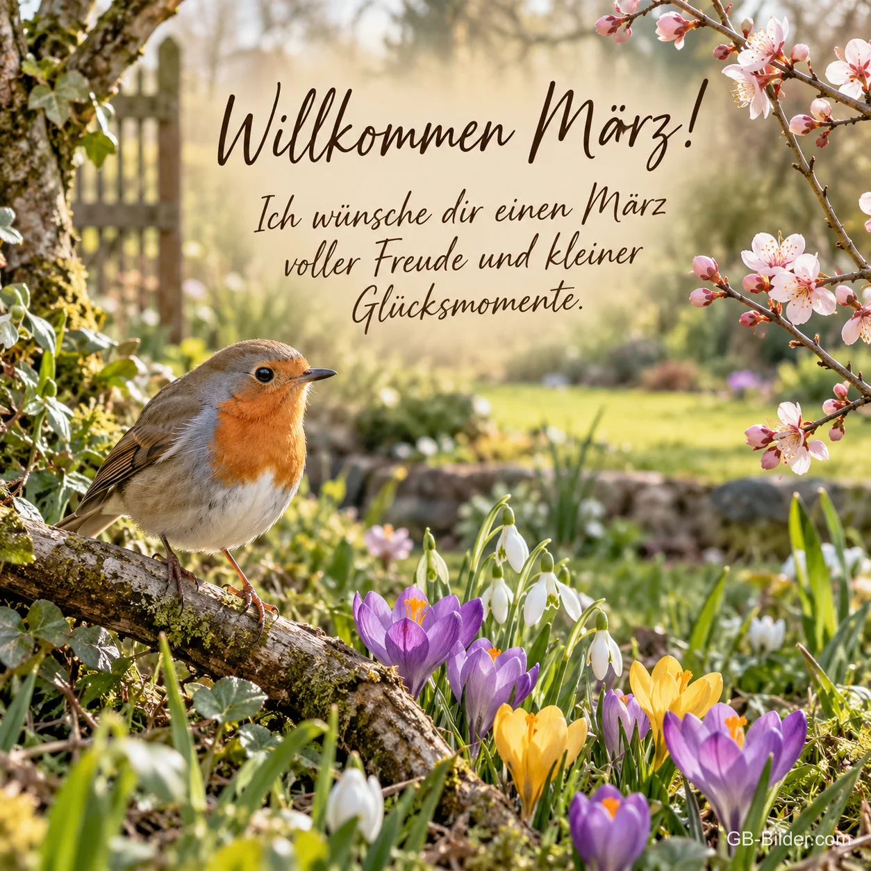 Rotkehlchen über Krokussen, Text: Willkommen März!