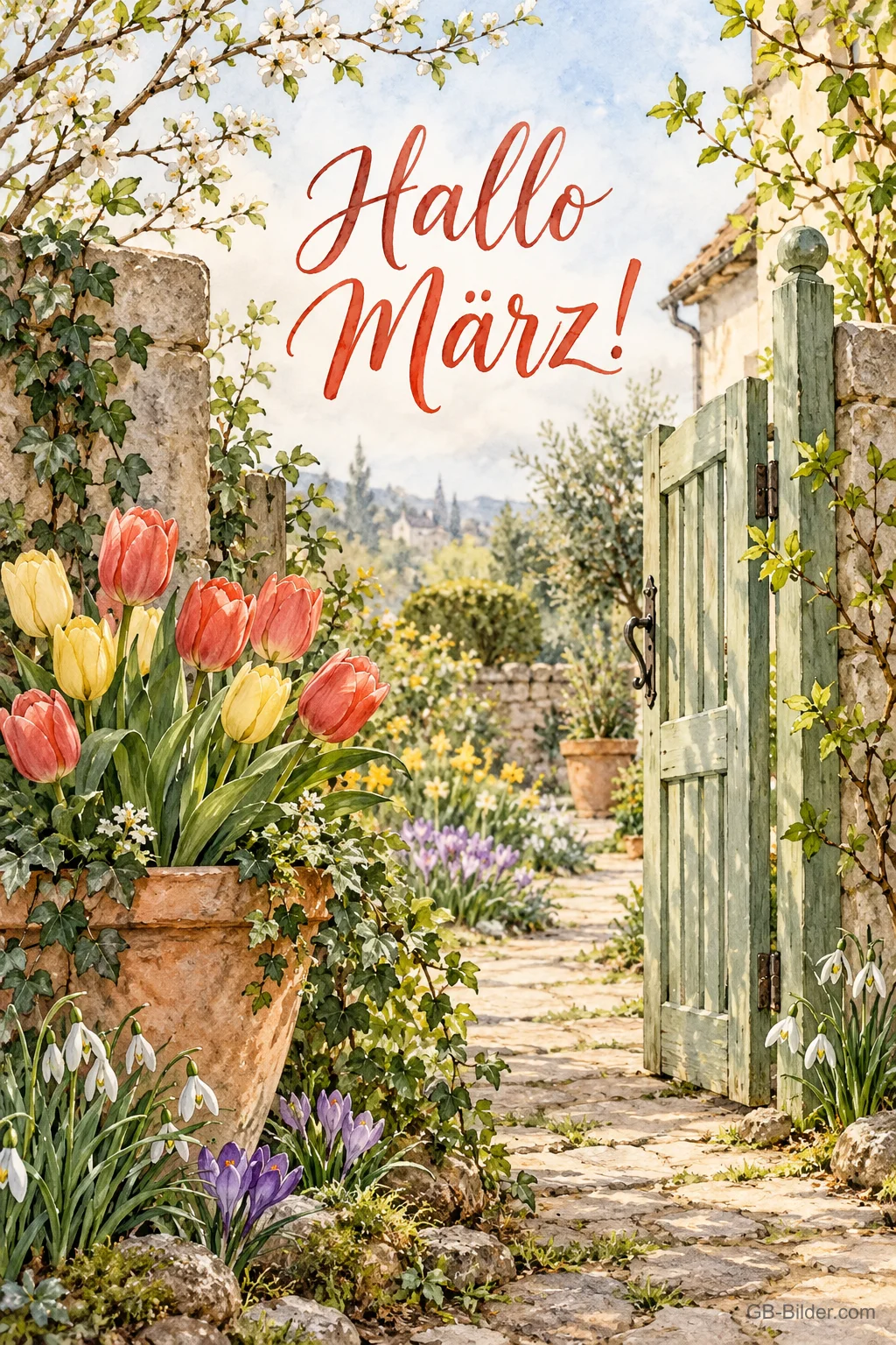 Tulpen am offenen Gartentor, Text: Hallo März! Tulpen am offenen Gartentor, Text: Hallo März!