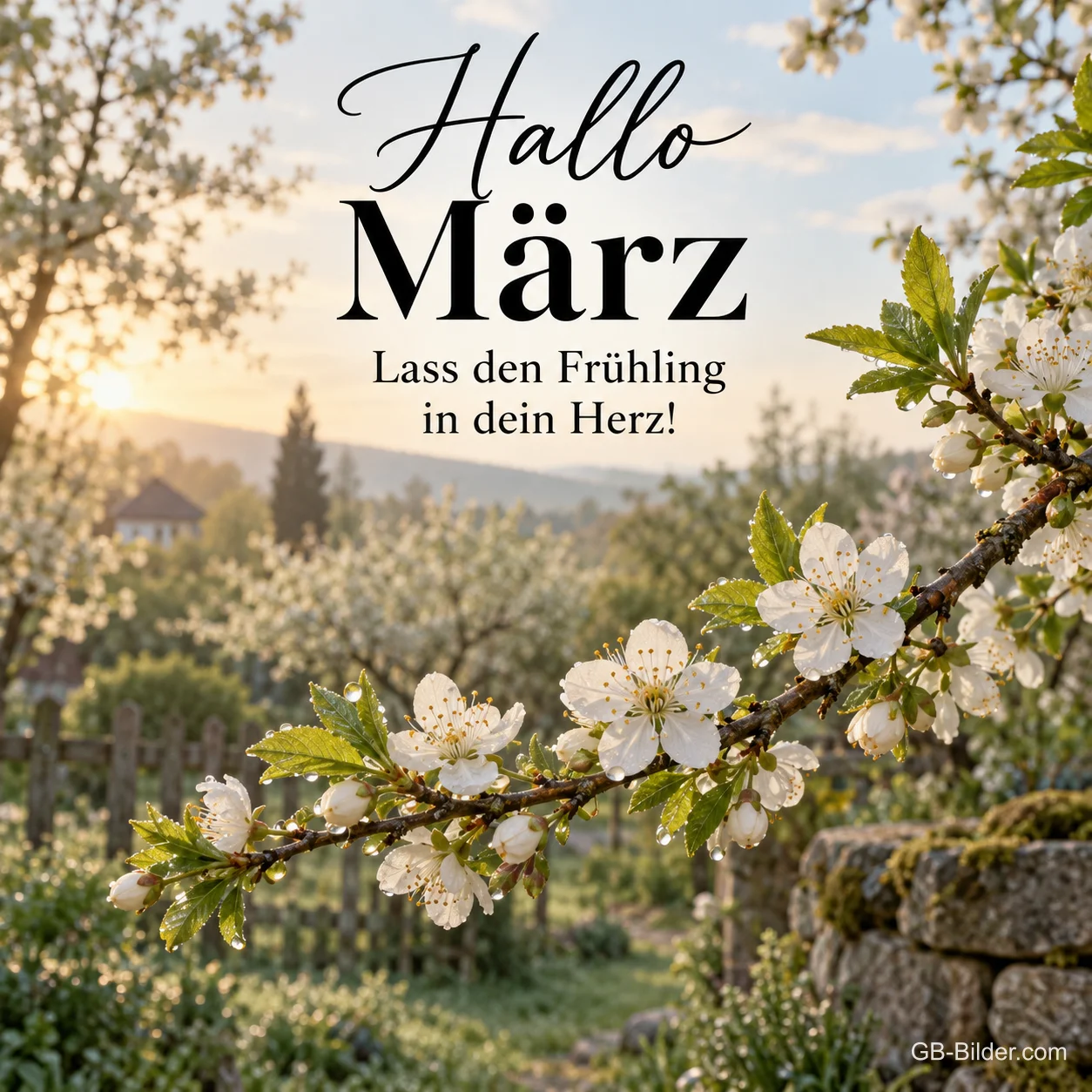 Weiße Obstblüten im Garten, Text: Hallo März – Lass den Frühling in dein Herz! Weiße Obstblüten im Garten, Text: Hallo März – Lass den Frühling in dein Herz!