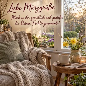 Gemütlicher Sessel am Fenster, Text: Liebe Märzgrüße