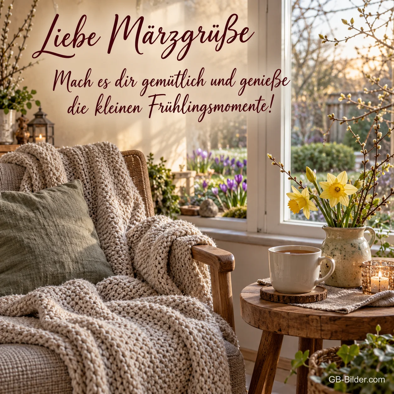 Gemütlicher Sessel am Fenster, Text: Liebe Märzgrüße Gemütlicher Sessel am Fenster, Text: Liebe Märzgrüße