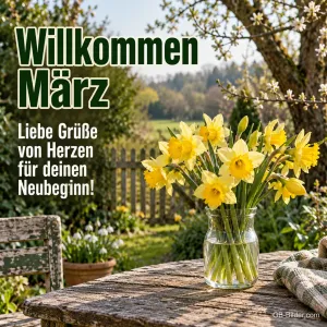 Narzissen in einer Vase, Text: Willkommen März