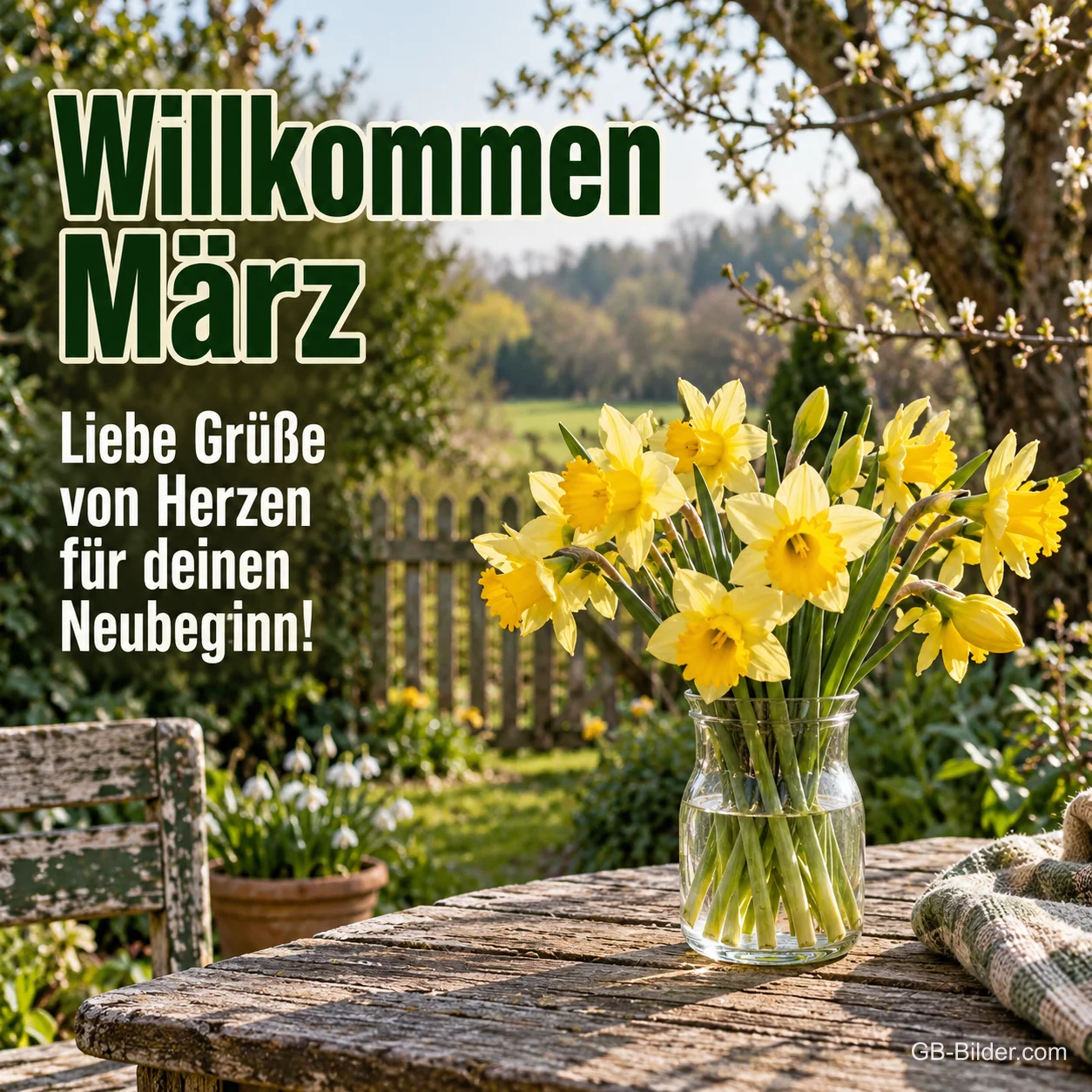 Narzissen in einer Vase, Text: Willkommen März Narzissen in einer Vase, Text: Willkommen März