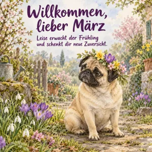 Mops mit Blumenkranz im Garten, Text: Willkommen, lieber März