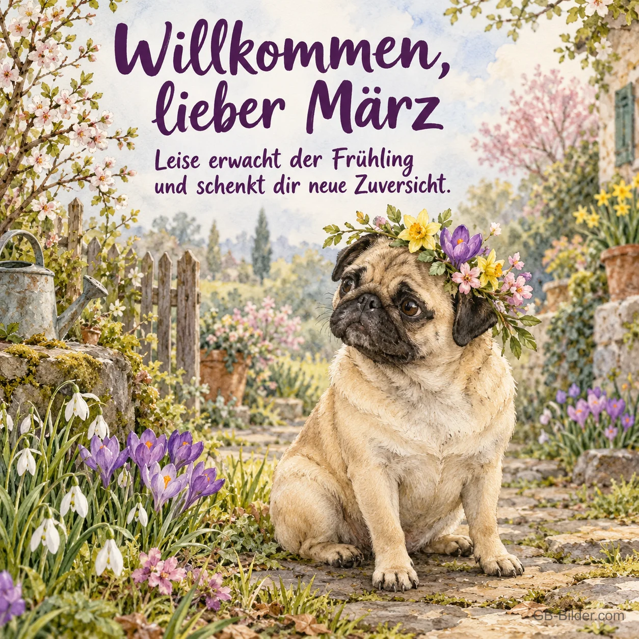 Mops mit Blumenkranz im Garten, Text: Willkommen, lieber März Mops mit Blumenkranz im Garten, Text: Willkommen, lieber März