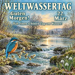 Eisvogel am Bach, Text: Weltwassertag, Guten Morgen! 22. März