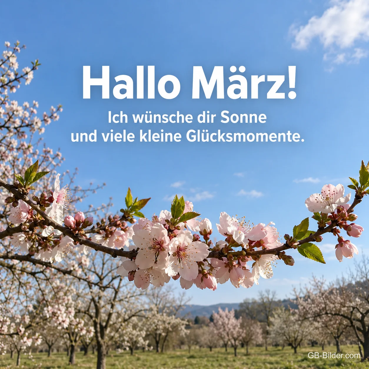 Blühende Mandelbäume, Text: Hallo März! Blühende Mandelbäume, Text: Hallo März!
