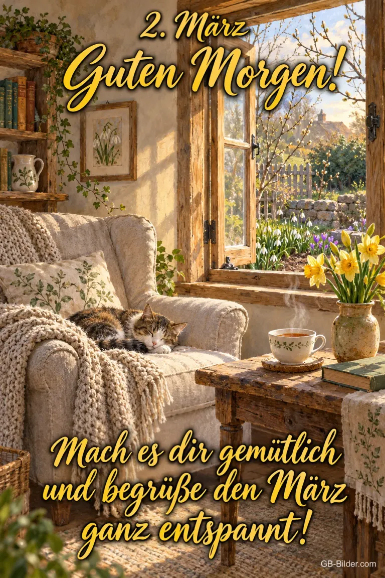 Schlafende Katze im Sessel am Fenster, Text: 2. März, Guten Morgen!