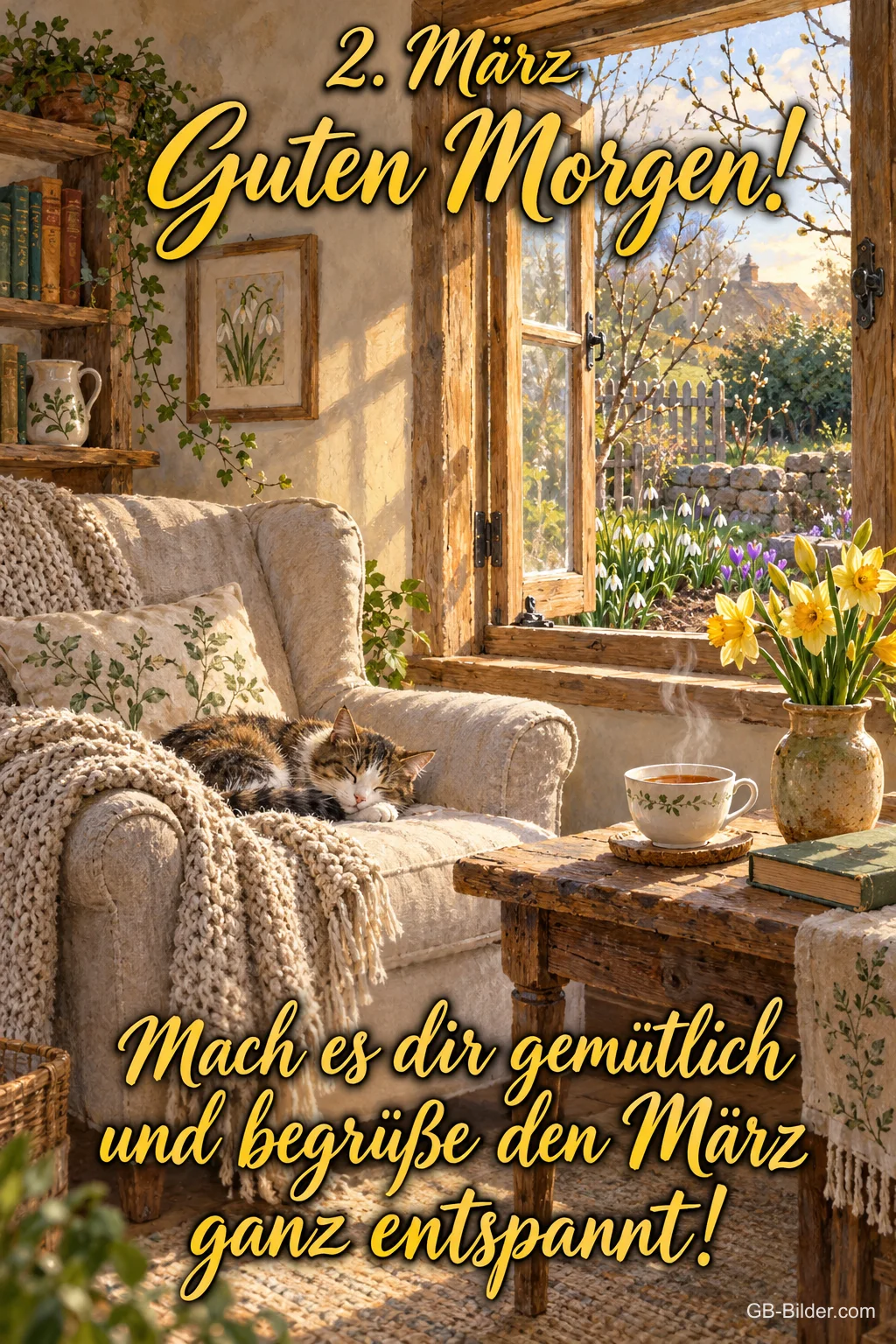Schlafende Katze im Sessel am Fenster, Text: 2. März, Guten Morgen! Schlafende Katze im Sessel am Fenster, Text: 2. März, Guten Morgen!