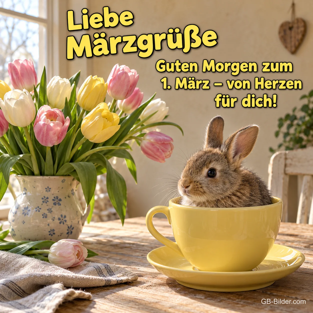 Häschen in einer Tasse neben Tulpen, Text: Liebe Märzgrüße Häschen in einer Tasse neben Tulpen, Text: Liebe Märzgrüße