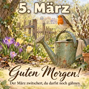 Rotkehlchen auf einer Gießkanne, Text: 5. März, Guten Morgen!